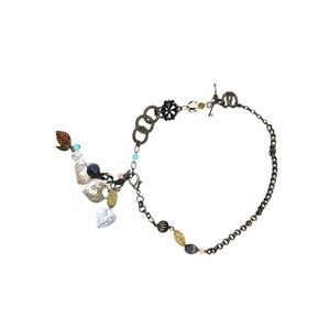 Boho Mixed Metal Heart Charm‎ Necklace with Lock & Leaf Charms Vintage Style